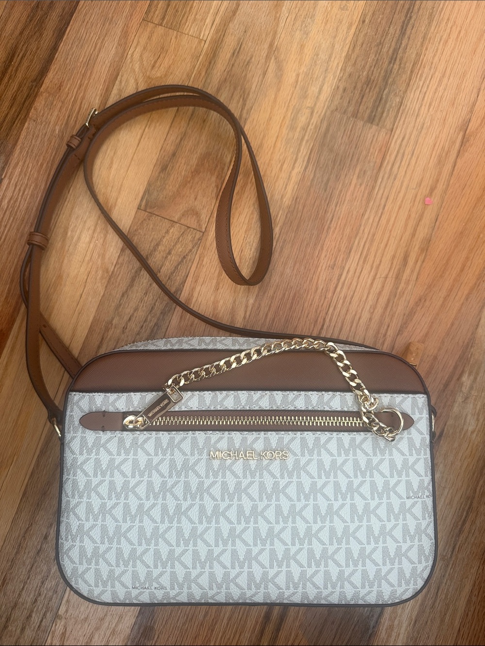 Michael Kors White and Brown Logo Crossbody Bag